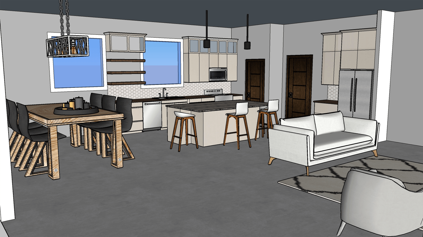 Drawing or Rendering of an Open Floor Plan of Kitchen and Living Room in a  Home.